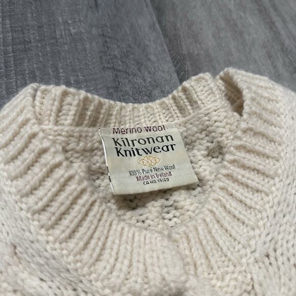 Kilronan Knitwear Ireland 100% Merino Wool Ivory Cable Knit Long Sweater Medium - Picture 4 of 9